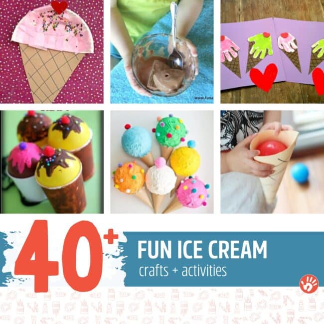 Chill out with the kids and these 40+ ice cream crafts and activities! We’ve got crafts, sensory activities, science experiments, and learning games, all in an ice cream theme.