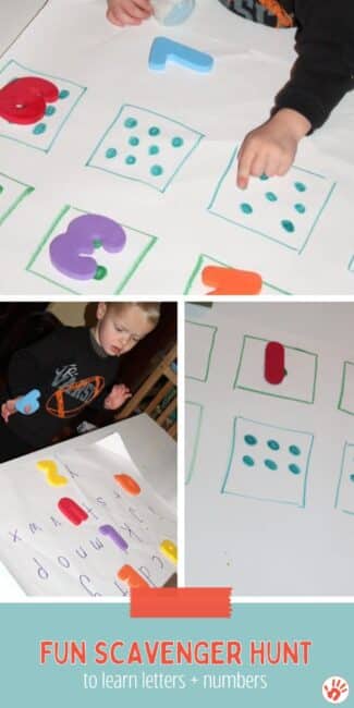 Work on alphabet recognition, upper and lowercase number matching, one to one corresponding counting and number matching, and more with this learning scavenger for preschoolers!