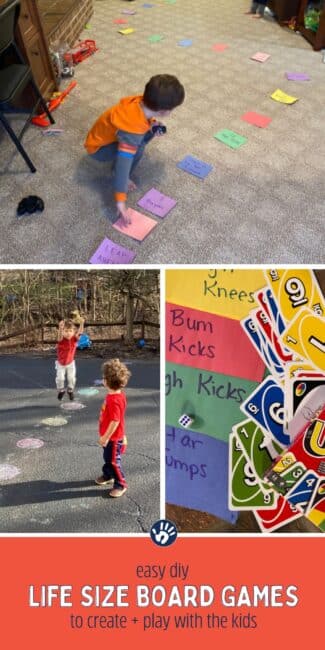 Take your favorite board game and make it life size with this simple idea that works indoors and outdoors for tons of fun with the kids!