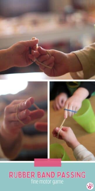 This fine motor skills activity is all about creating resistance on your preschoolers hands using a rubber band while they pick up, pass, and stretch those little fingers.