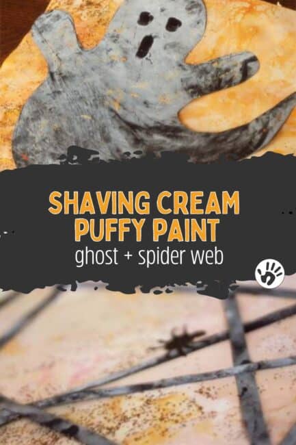 Make shaving cream and glue puffy paint ghost crafts (and spider webs too!) with this super simple preschooler activity idea that’s perfect for Halloween!