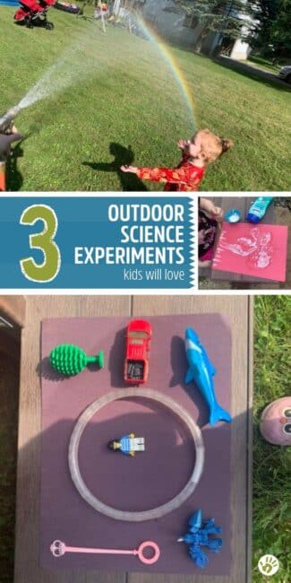 Grab a sunny day in the backyard to try 3 simple science experiments with your kids! Make rainbows, sunscreen paintings, and shadow puzzles!
