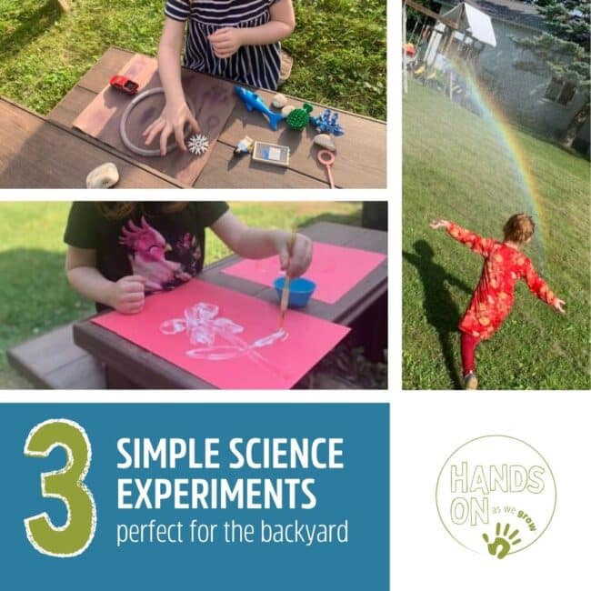 Make rainbows with your garden hose, create sunscreen paintings with the sun, and design your own shadow puzzles with toys and construction paper. These 3 backyard science experiments are sure to excite your preschoolers!