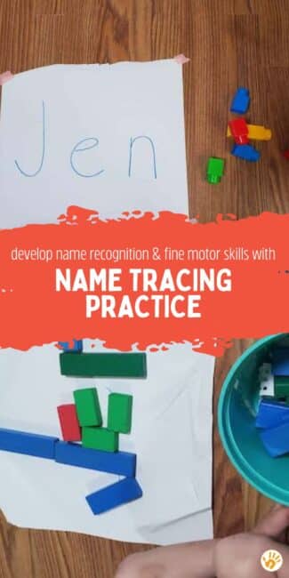 Engage toddlers in a name tracing practice that builds name recognition & fine motor skills through blocks, buttons, & markers.