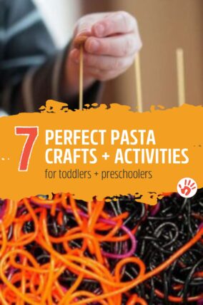 Here are 7 simple pasta crafts and activities for cheap and easy sensory fun with toddlers and preschoolers at home! What will your kids make?