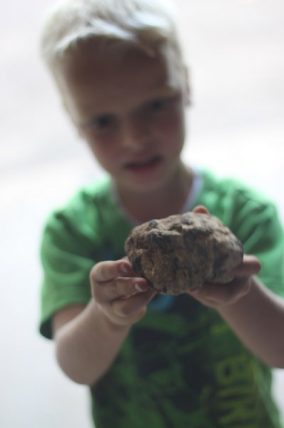 Child holding a rough textured rock out toward the camera