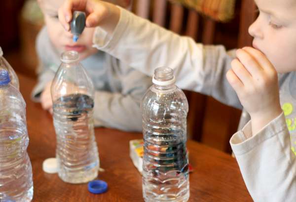 Start with water and add food coloring to make a wave bottle