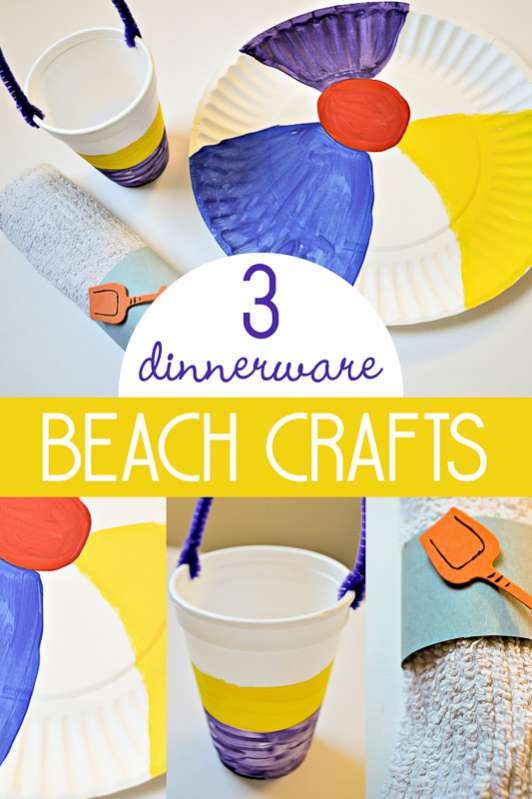 Beach crafts for kids to make as dinnerware! Use paper plates to make a beach ball craft and paper cups a toilet paper roll to complete the set.
