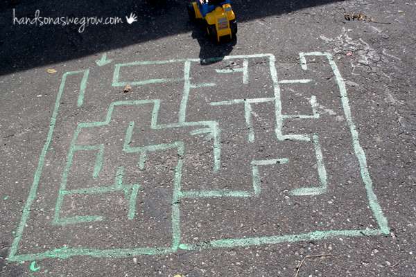 Your preschooler will love to drive cars and trucks around their big chalk maze!