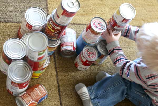 Canned food as blocks for toddlers