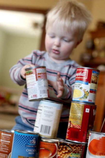 Simple stacking activity with canned food! Easy blocks for toddlers!