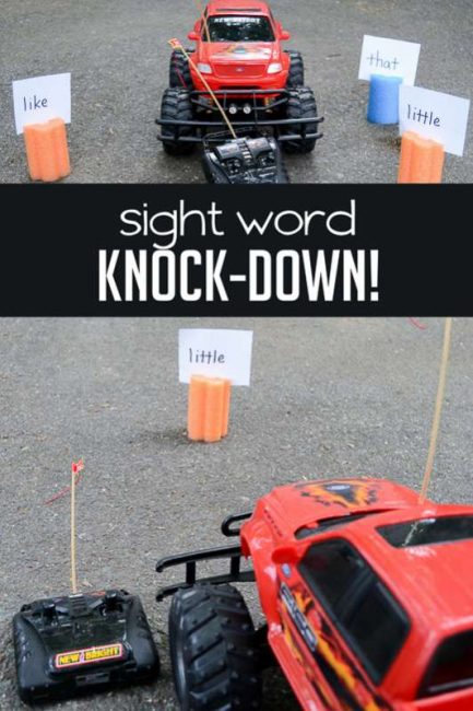 Find the sight word - knock it down with remote control race cars!