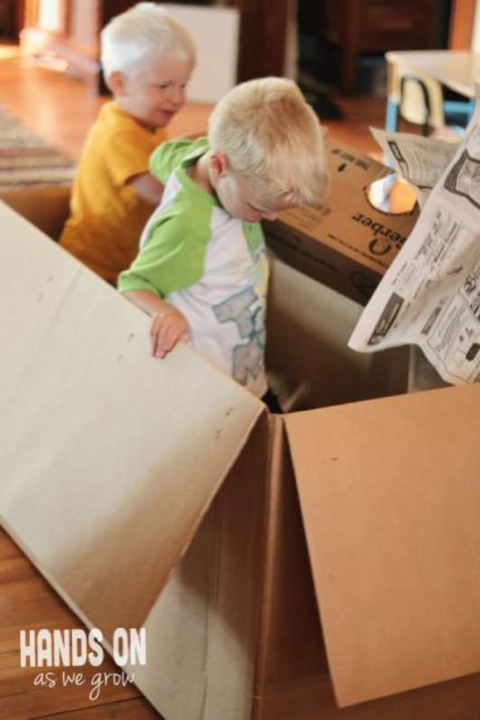 Make a Cardboard box dumpster for the kids to dive in and find treasures.