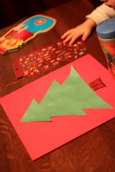 Sticker Christmas tree craft setup for kids