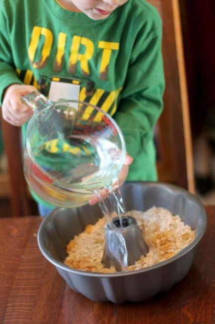 Add water to the "food" to make your ice wreath bird feeder!