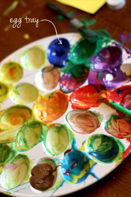 Use an egg tray as a paint palette for kids to mix colors