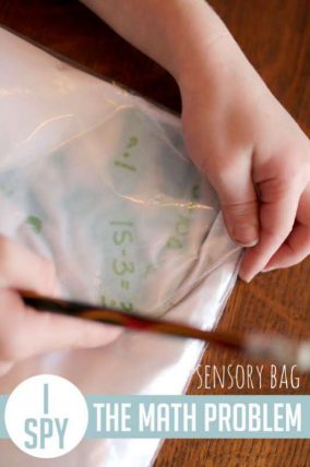 A sensory bag with math problems to solve