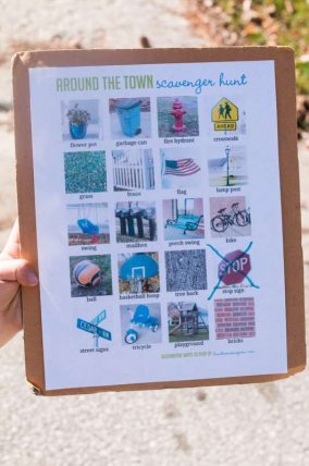 Print off a free printable for an Around the Town Scavenger Hunt for kids of all ages (different variations to try)