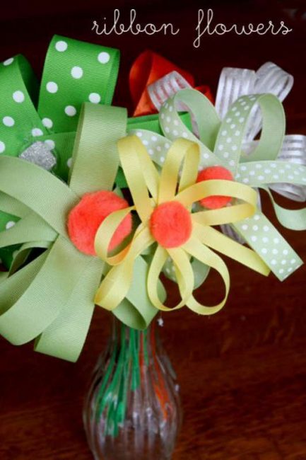 This DIY bouquet of ribbon flowers is so cute and so simple for preschoolers and kindergarteners to make at home with a hot glue gun! Brighten up anyone’s day, room, office, or hospital stay!