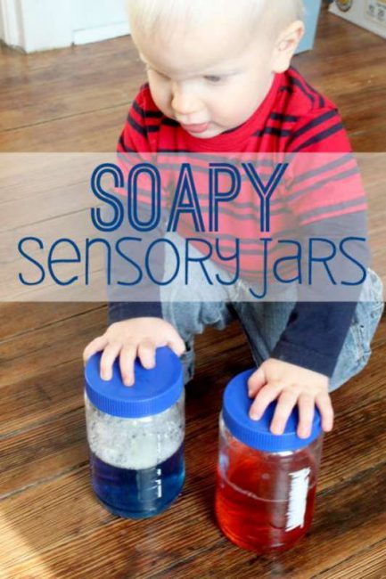 Soapy sensory jars activity for toddlers - fun to shake up and watch!