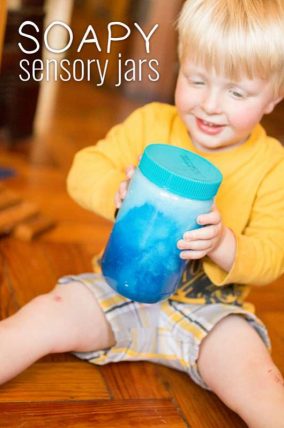 Soapy sensory jars for toddlers - fun to shake up and watch!