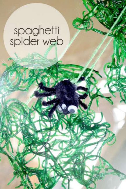 Spaghetti spider web craft for kids to make around Halloween