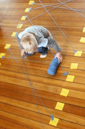 Connect matching pairs of sight words (or letters, numbers, whatever) with string on the floor