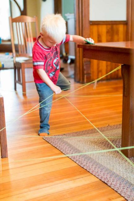 An indoor obstacle course or scavenger hunt to follow the string