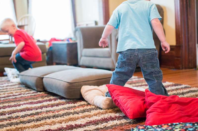 Indoor gross motor fun! Walking on pillows. (Great for a rainy day)